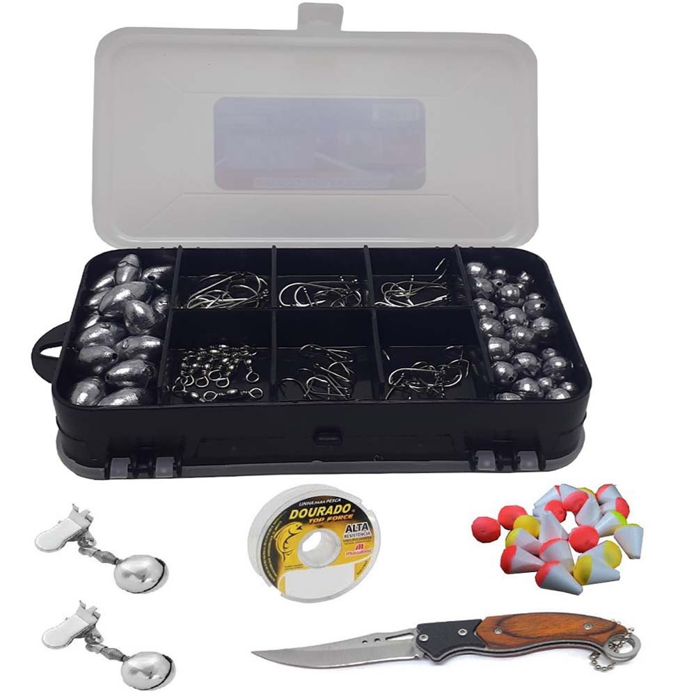 Kit Pesqueiro Chumbada Anzol Estojo Linha Boias E Canivete em Oferta na Shopee