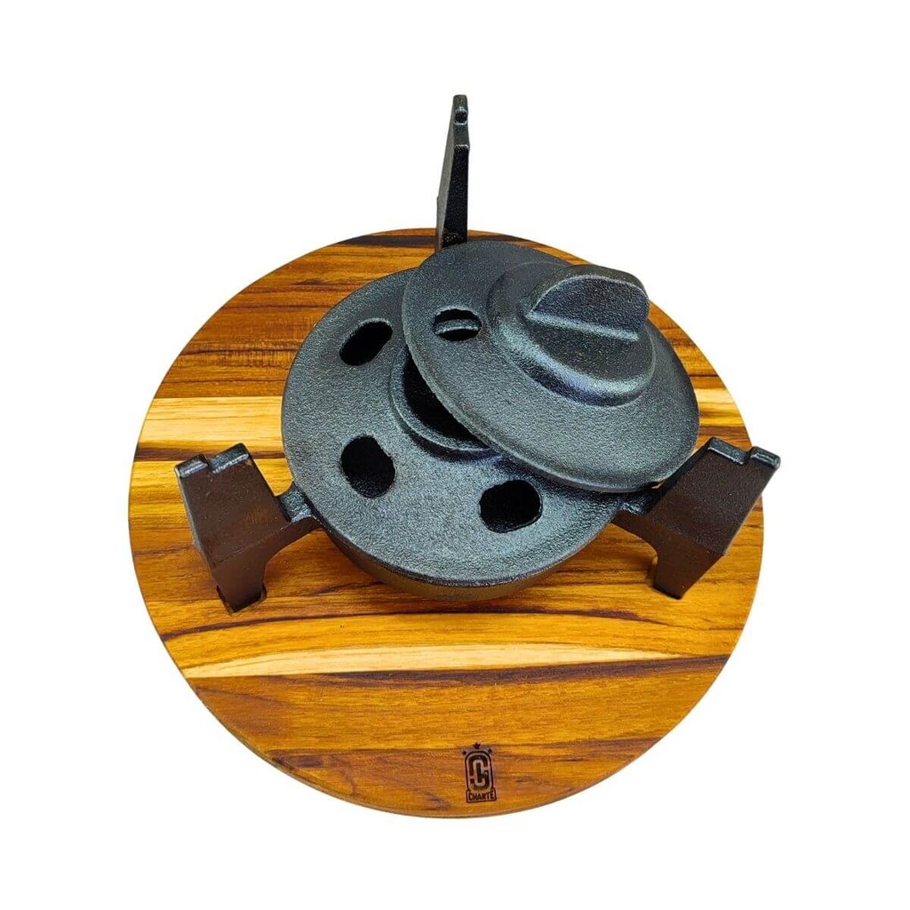 Conjunto Fogareiro De Ferro Fundido Com Suporte De Madeira Ideal Para Chapas Marmita Acampamento Kit