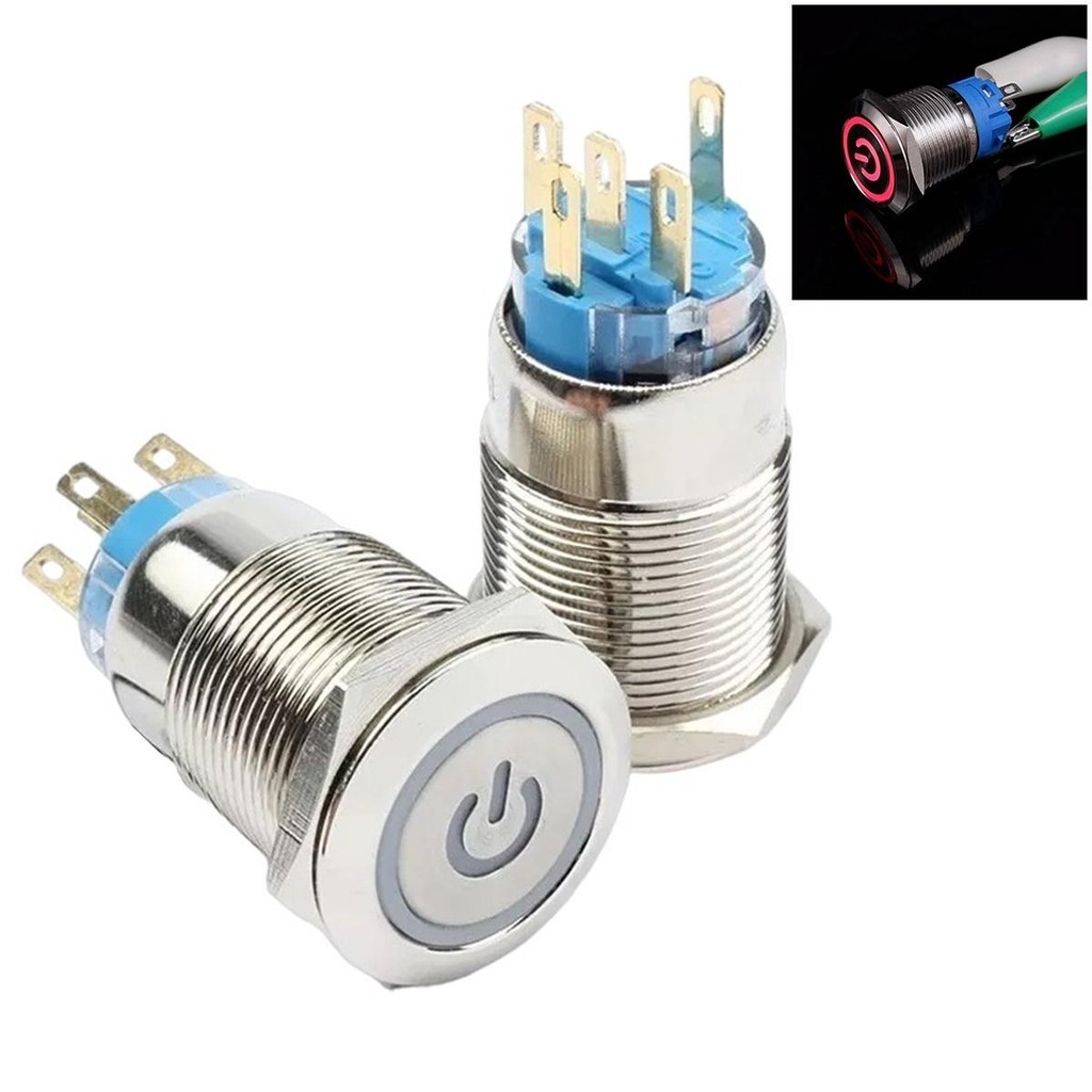 Botão Inox Liga Desliga Start Led 12v 16mm C/trava Vermelho