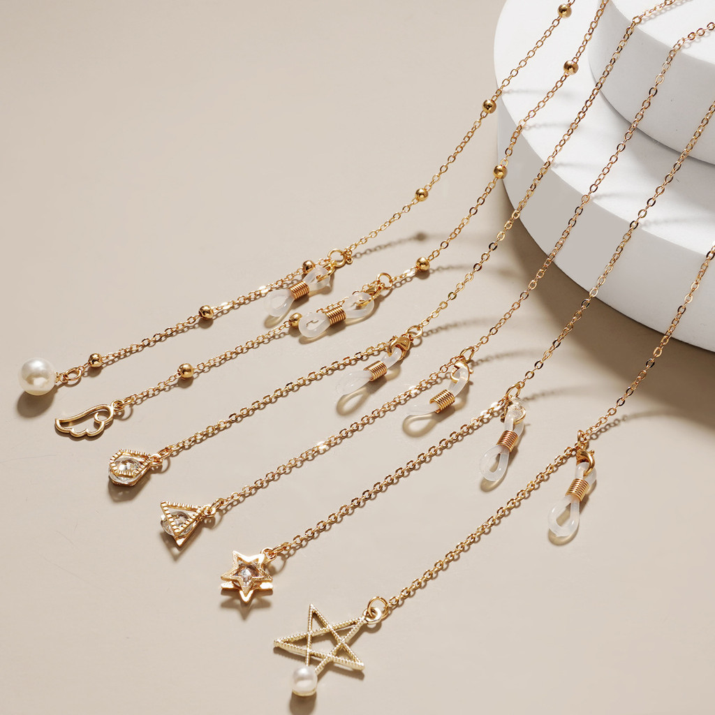 Óculos corrente Metal pescoço pérola pentagrama pingente pescoço desgaste metal óculos cadeia