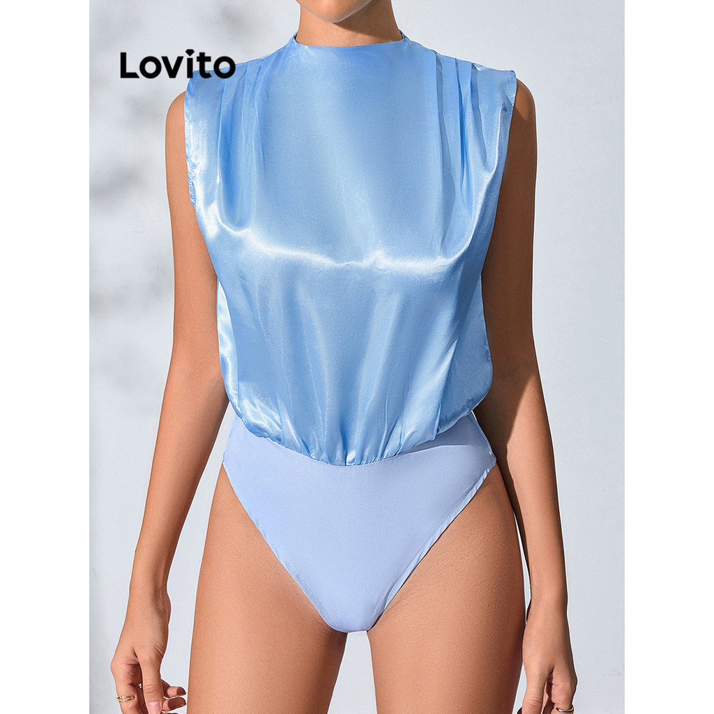 Lovito Body elegante plissado luminoso liso para mulheres LBL15058