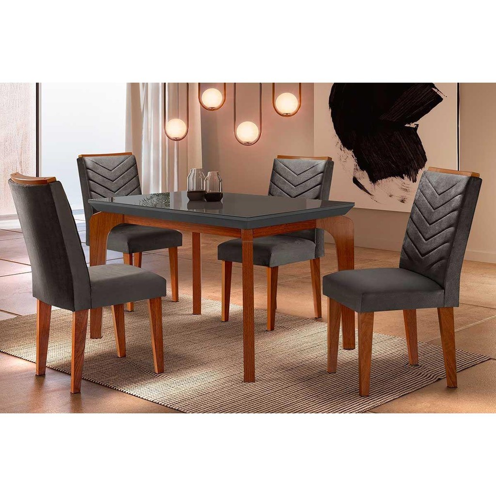 Sala de Jantar Completa Londrina Tampo Madeirado c/ Vidro Curvo 120x80 e 4 Cadeiras Londrina Imbuia - Veludo Grafite - Rufato em Oferta na Shopee