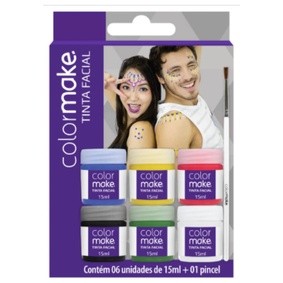 Kit Tinta Facial c/ 6 cores + Pincel 15ml  - Maquiagem Artística - Secagem Rápida e Total - Color Make - Colormake