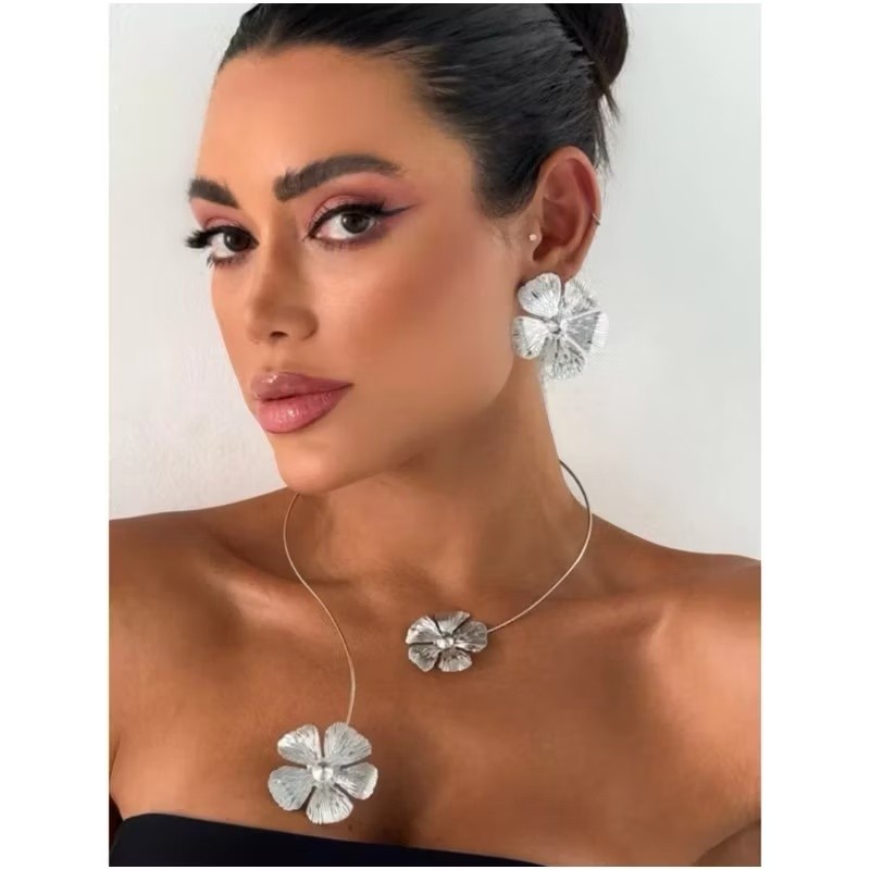 conjunto colar choker aro brinco flor prata925 ouro18k