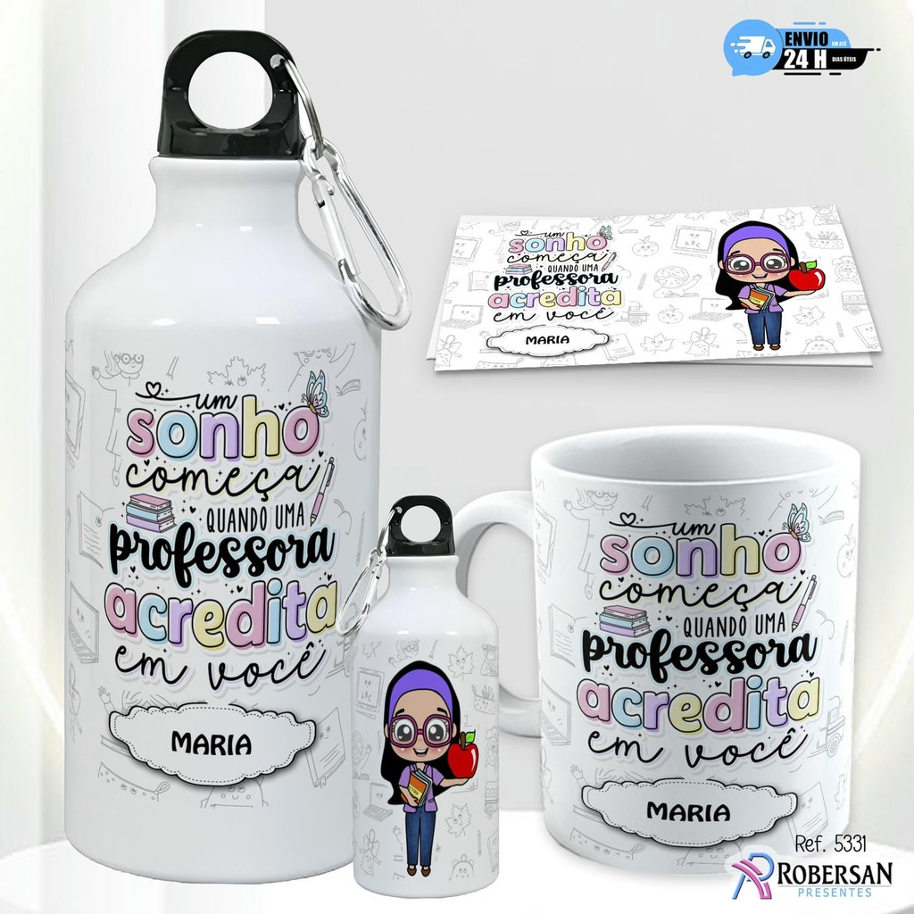Caneca Dia dos Professores + Garrafa Personalizada Professor Professora de Água Squeeze