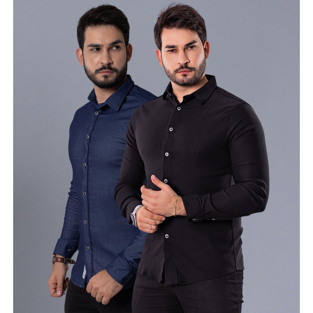 Kit 2 Camisa Social Com Elastano Jeans Manga Longa Azul e Preto