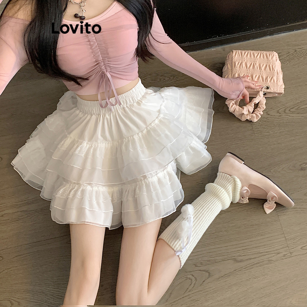 Detalhes do (Trendy) Lovito Saias Fofas Saia De Malha Contrastante De Renda Lisa Em Camadas Para Mulheres L106AD927