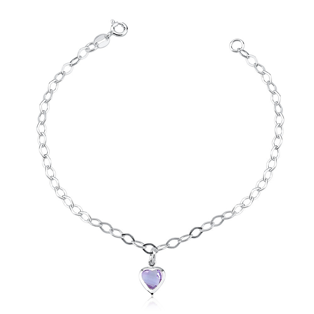 Pulseira feminina coração pendente roxo | Prata 925