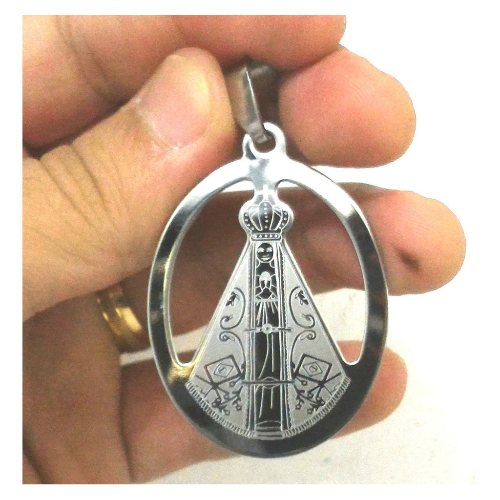 Pingente Medalha Nossa Senhora Aparecida Grande Aço Inox — imagem 2 de 2