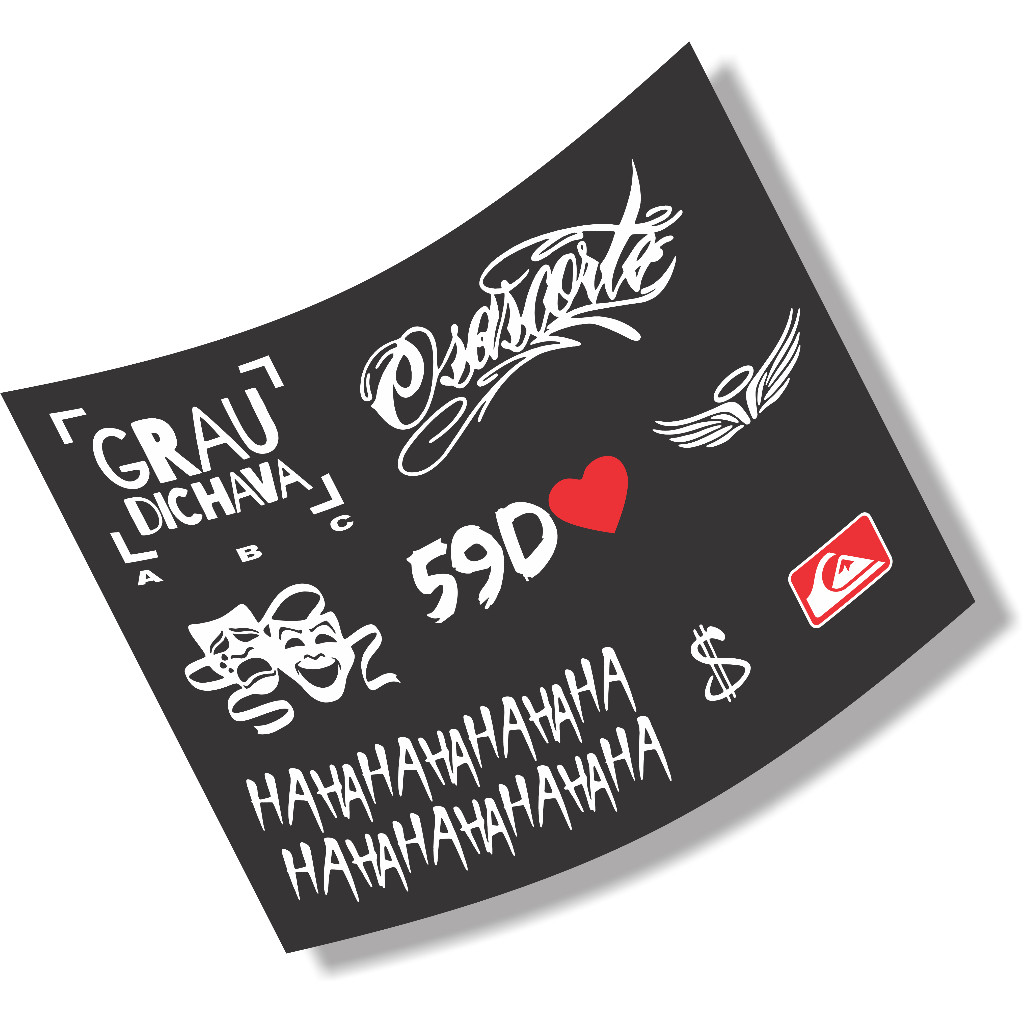 Kit 08 Adesivos GRAU DICHAVA, 59D, CHORA AGORA RIR DEPOIS, CIFRÃO, ANJO Motoo, OSASCORTE, QUIK, HAHA