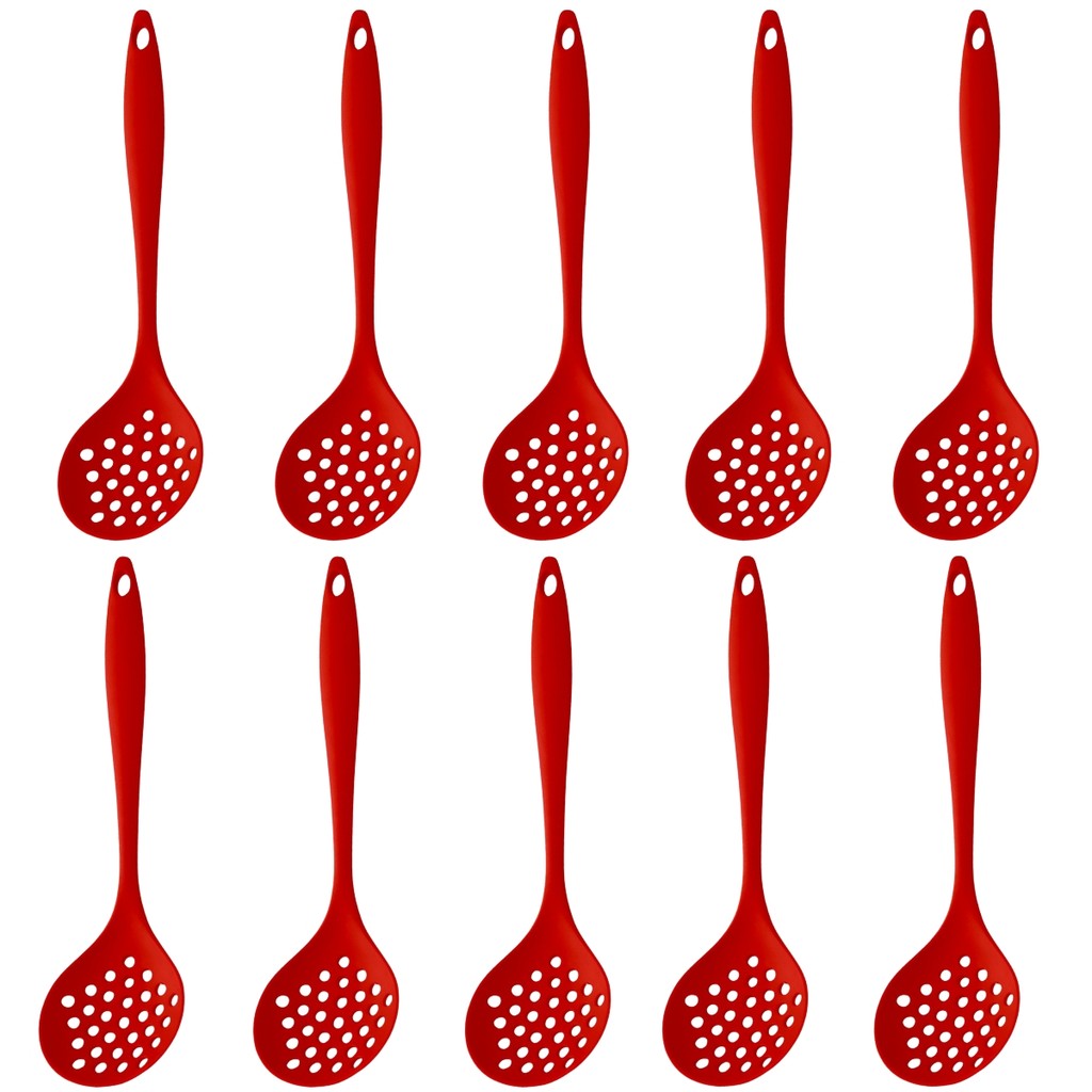 Kit 10 Escumadeiras de Silicone Vermelha Grande Utensílio Cozinha Maciço Anti-risco Panelas Antiaderentes