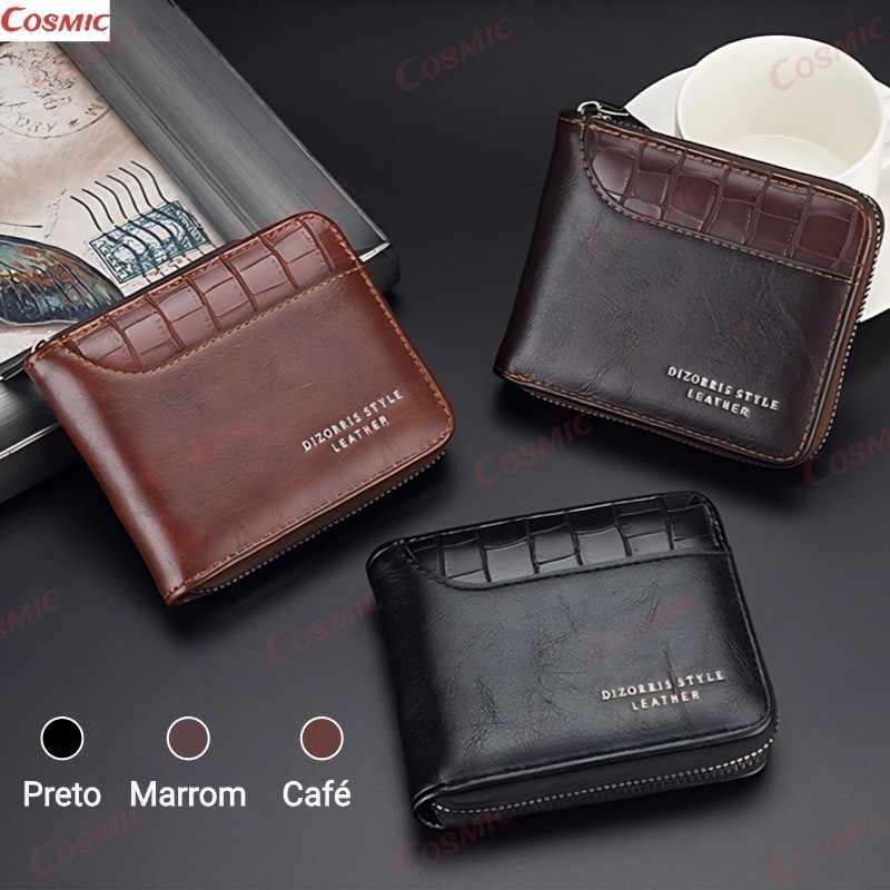 Carteira Masculina Com Zíper Colorido-Cartão Vintage De Couro PU De Grande Capacidade E Porta-Moedas
