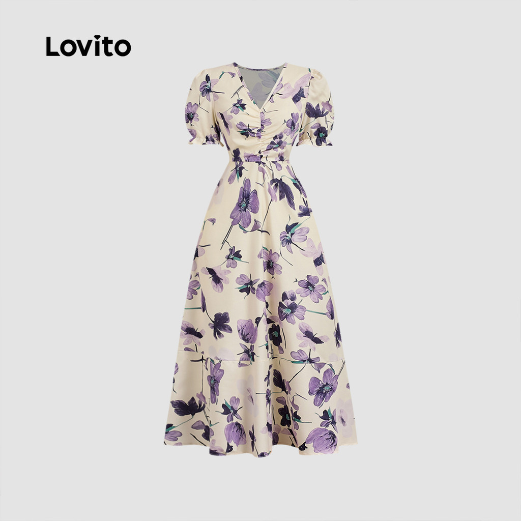Detalhes do Lovito Vestido sofisticado com detalhe de renda, amarração ajustável, leve e agradável para primavera/verão L138AD926