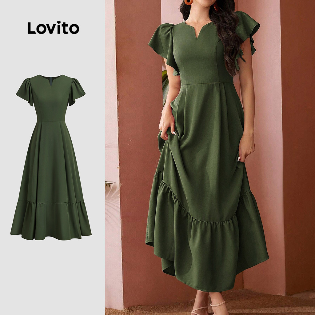 Lovito Vestido Casual com Babado Toque Suave Ao Toque para Primavera/verão Verde para mulheres LBL26262 em Oferta na Shopee