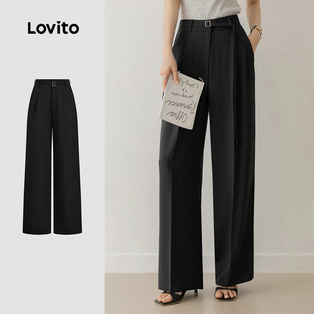 (Trendy) Lovito Calças Casuais com Cinto de Metal com Bolso Boa Textura Calças Pretas Primavera/Verão L138AD879 - Women Clothes