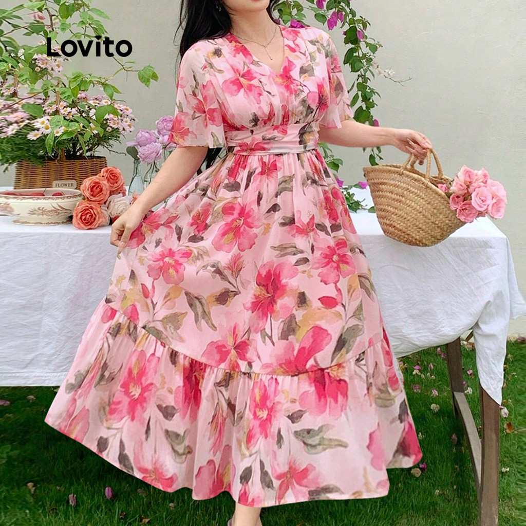 Lovito Vestido Casual Estampa Floral Amarração Nas Costas Babados Rosa Mulheres Ideal Para Primavera/verão L137LD198 em Oferta na Shopee