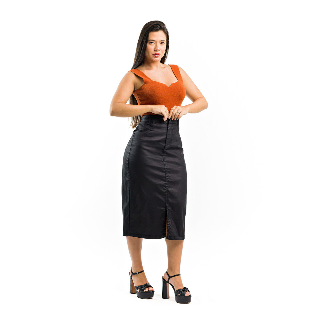 Saia Midi Jeans Resinada Tubinho Tipo Couro com Elastano Não Descasca Social