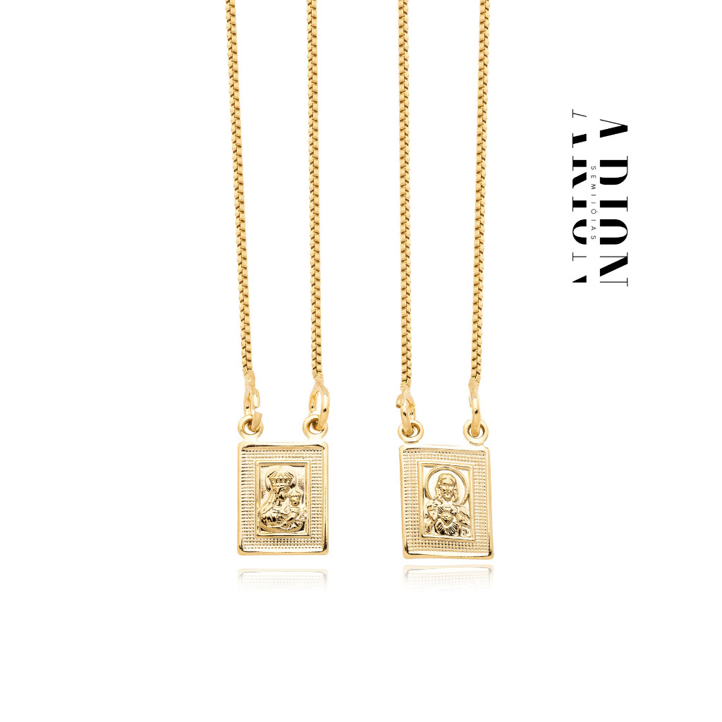 Escapulário Nossa Senhora do Carmo e Sagrado Coração de Jesus Masculino Feminino – Banho de Ouro 18K