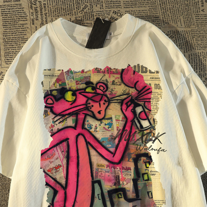 Camiseta Pantera Frente Grande  Retro Cartoon Impressão Casal De Verão Camiseta De Manga Curta Casual Solta Versátil