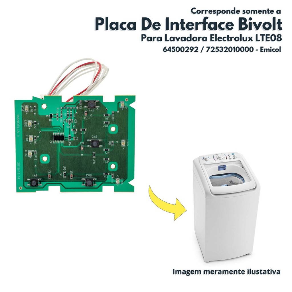 Placa De Interface Bivolt Para Lavadora Electrolux LTE08 Emicol 64500292 72532010000