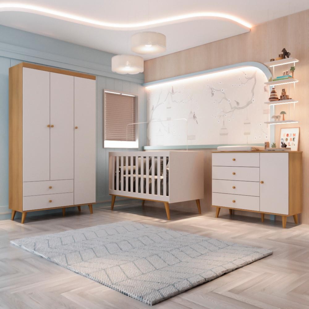 Quarto Bebê Completo Lígia Berço Americano 3Em1 Cômoda Infantil Guarda Roupa 3 Portas 100% MDF em Oferta na Shopee