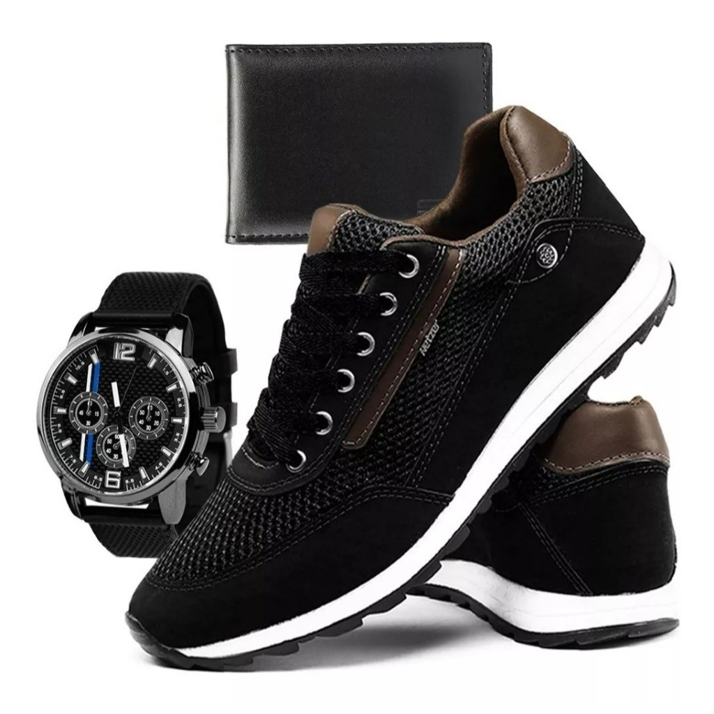 Tênis Sapatenis Masculino Jogger Jogging Couro Com Relógio e Carteira