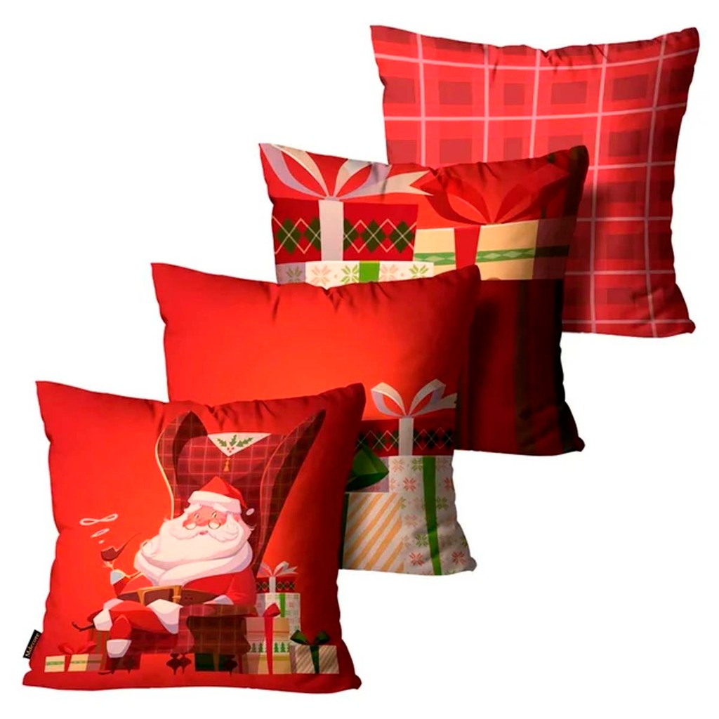 Kit com 4 Capas de Almofadas Natalina Papai Noel Vermelha