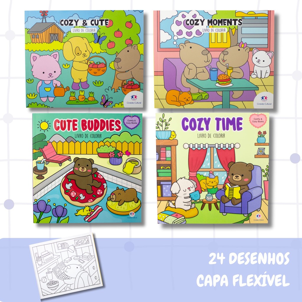 Livro de Colorir Cozy Friends ORIGINAL 24 Desenhos Grandes Agradáveis e Fofos