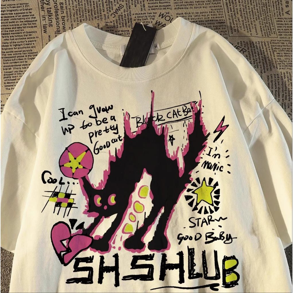 Camiseta Unissex Oversized, Estampa Gato Preto com Grafite Coloridos Streetwear Novo