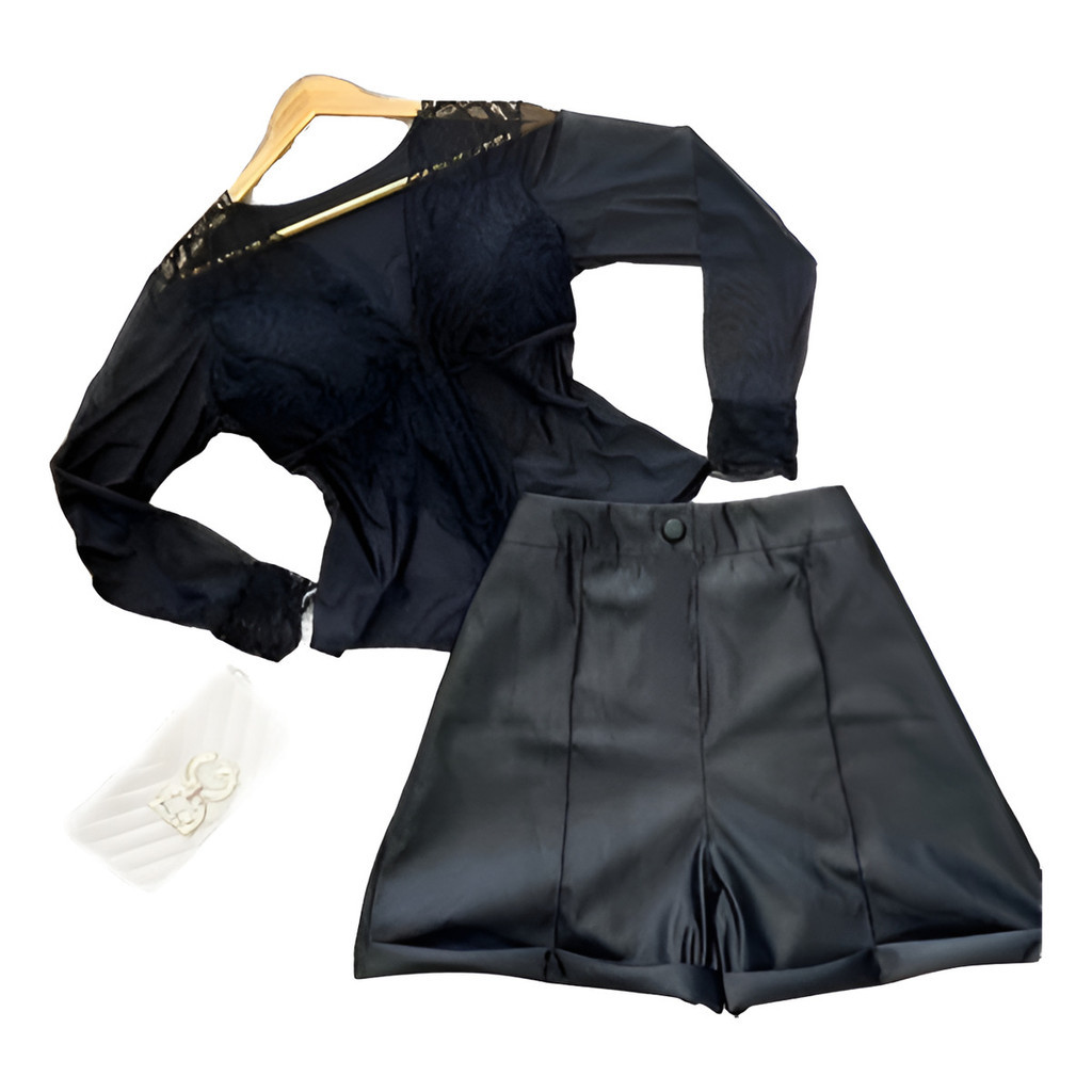 Conjunto Short Couro Fake + Body LUXO Manga Longa Tule Plus Size
