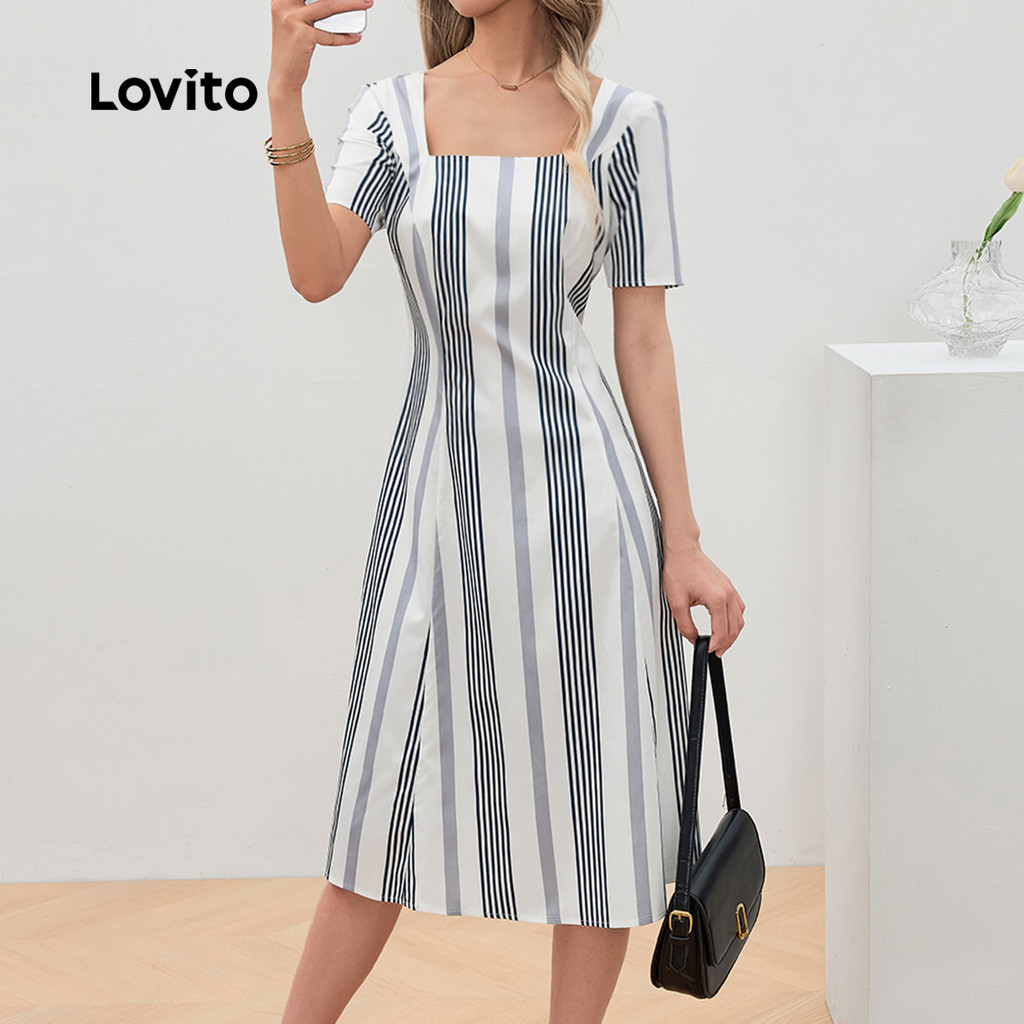 (Trendy) Lovito Vestido Casual Listrado Com Bata Para Mulheres LBL24658 - Women Clothes