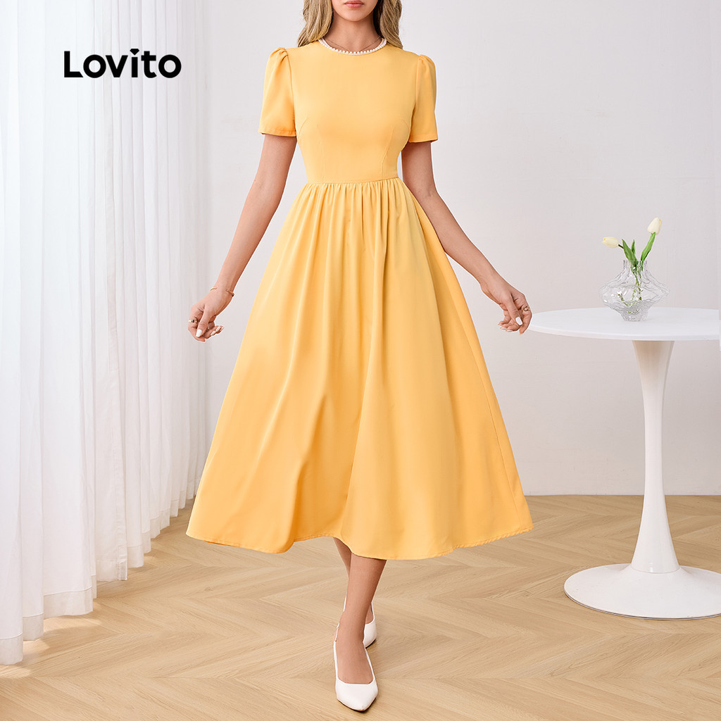 (Trendy) Lovito Vestido Elegante De Pérolas Lisas Primavera/Verão Amarelo Para Mulheres LBL25213 - Women Clothes