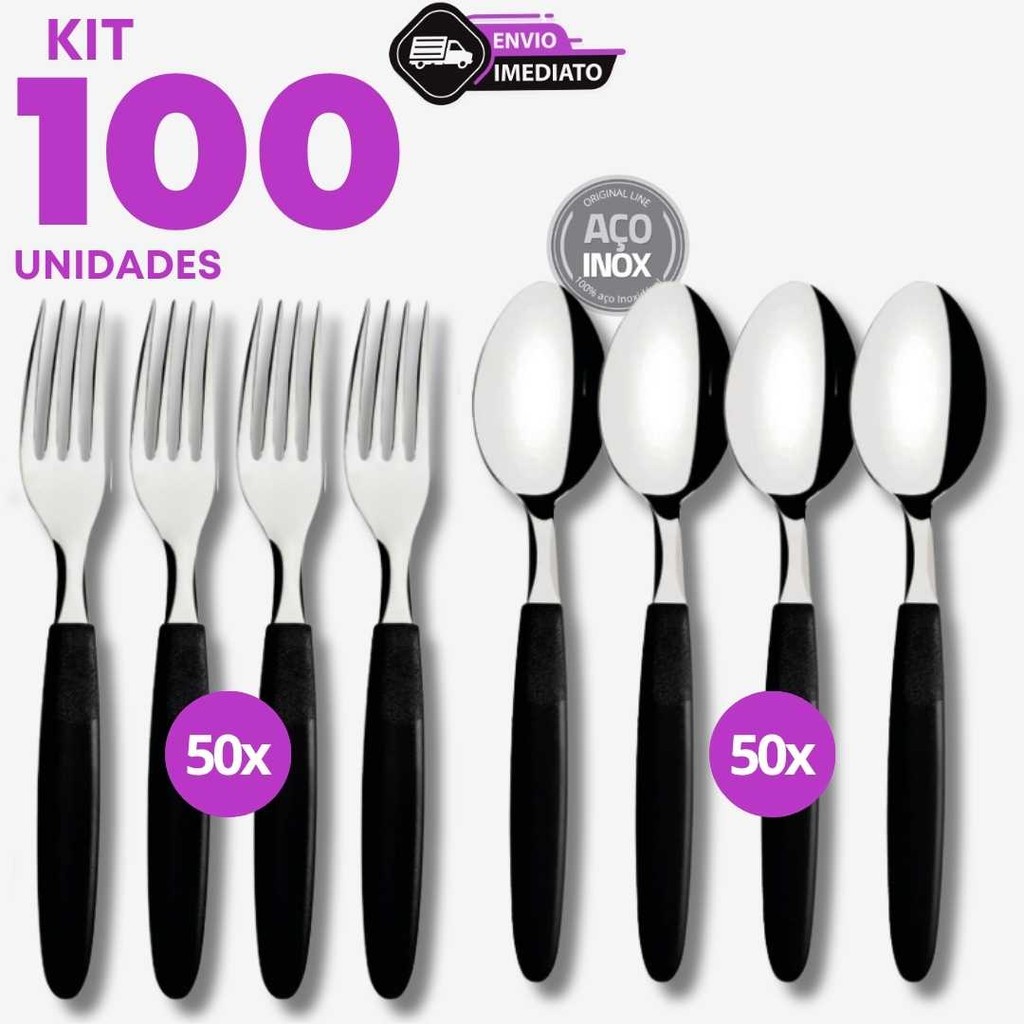Jogo 100 Talher 50 Garfo 50 Colher Sopa Inox Cabo Preto Caldo Casa Almoço Cozinha Jantar Refeição
