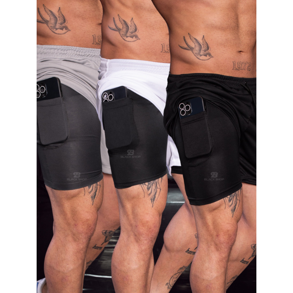 Kit 3 Shorts Masculinos 2 em 1 Duplo RUN com Compressão – Academia, Corrida e Treino com Elastano