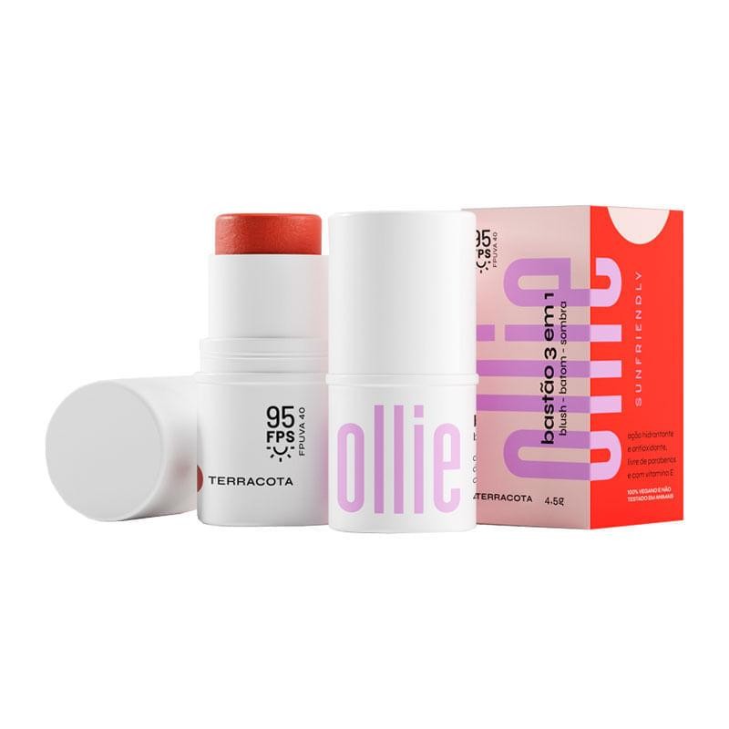 Bastão 3 em 1 Ollie Blush, Batom e Sombra FPS95 Cor Terracota 4,5g em Oferta na Shopee