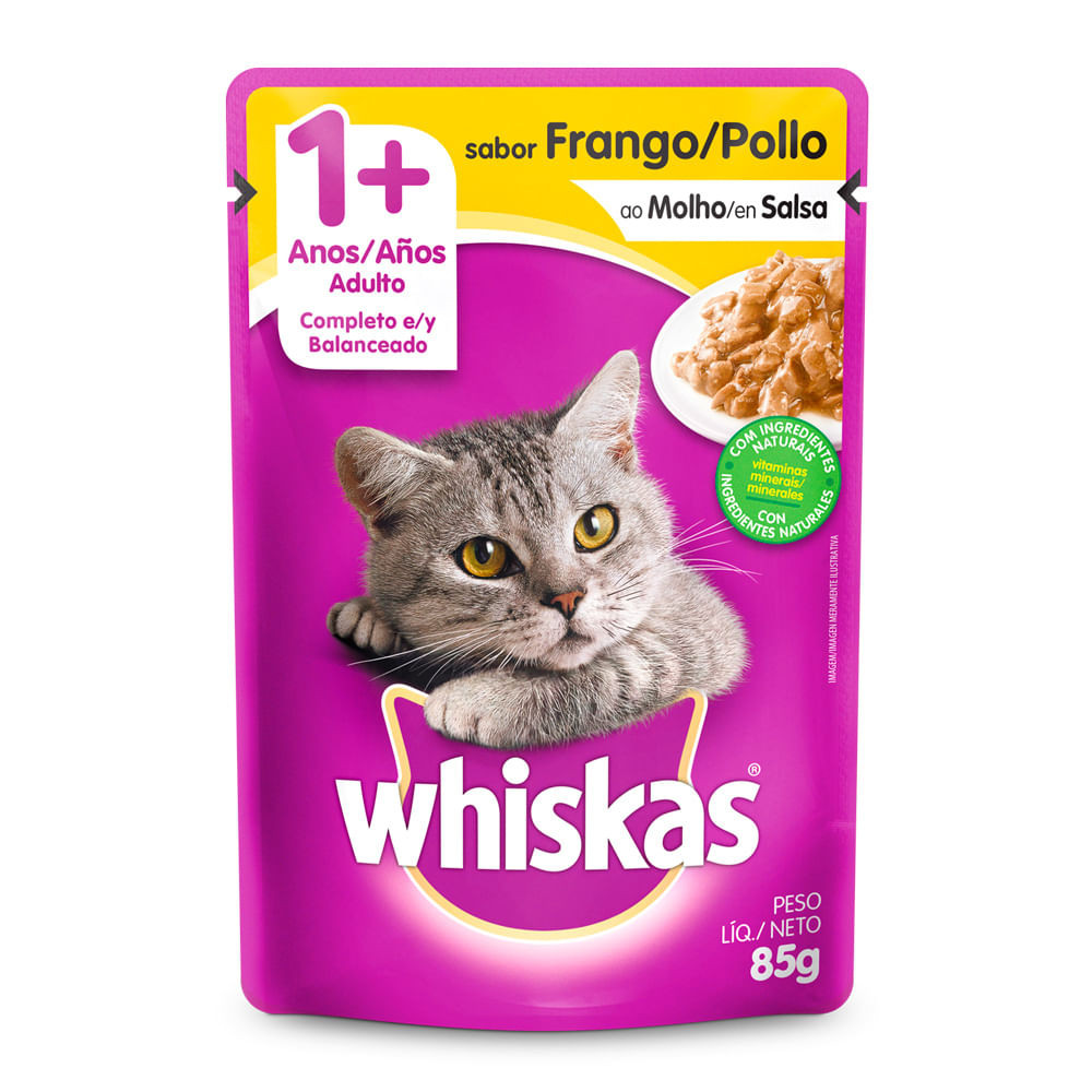 Ração Úmida para Gatos Whiskas Adulto 1+ Anos Sabor Frango ao Molho em Sachê 85g - Pets