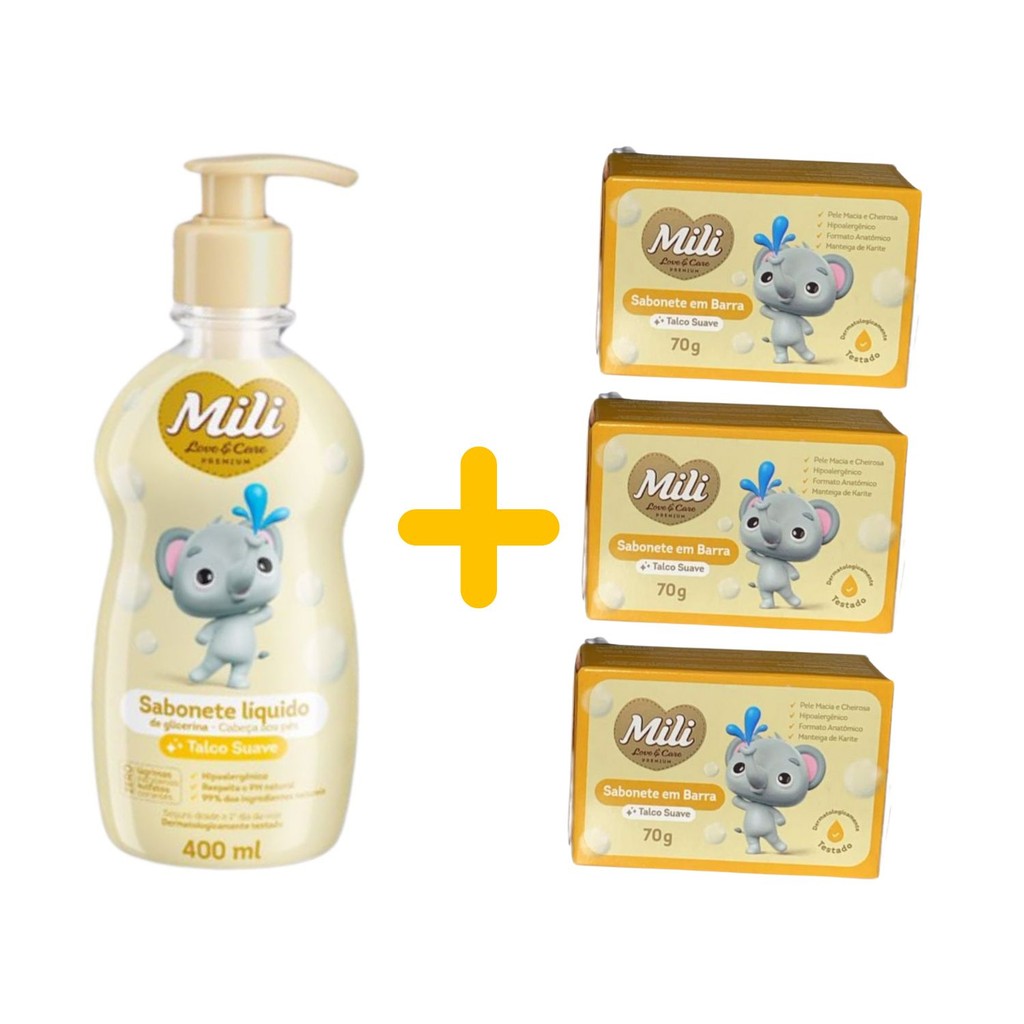 Kit Sabonete Líquido Talco + 3 Sab Barra – Mili Love & Care