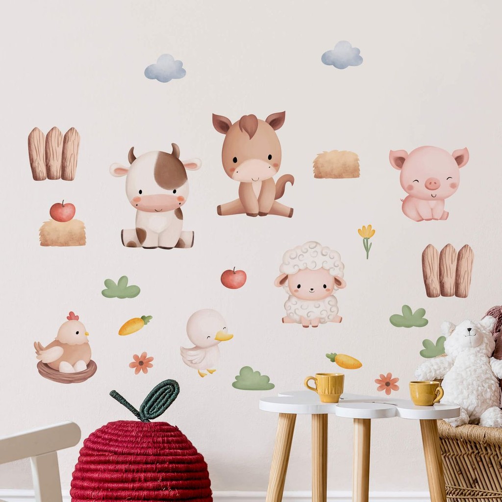 Adesivo de Parede Infantil Animais Fazenda Aquarela Neutro Quarto