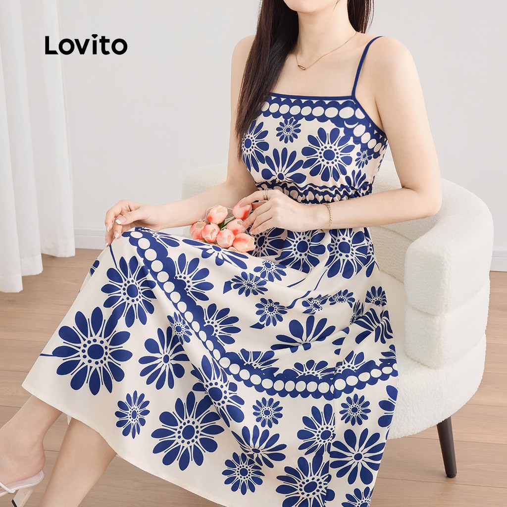 Lovito Vestido Casual de Cores em Bloco com Fita Contrastante para Primavera/verão  Azul  para mulheres L243AD1730 em Oferta na Shopee