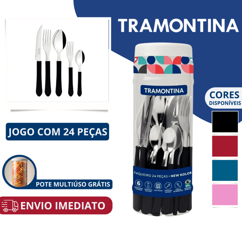 Jogo De Talheres Faqueiro Tramontina 24 Peças Aço Inox - New Kolor em Oferta na Shopee