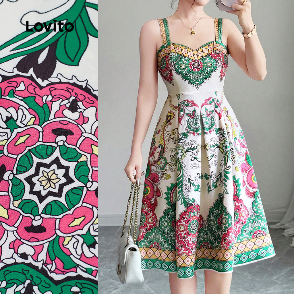 (New Lovito) Vestido Boho para Primavera/verão para Mulheres L143ED090 em Oferta na Shopee