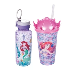 Kit 2 Peças Princesa Ariel Pequena Sereia Garrfafa Copo Tampa Coroa Disney Plasútil