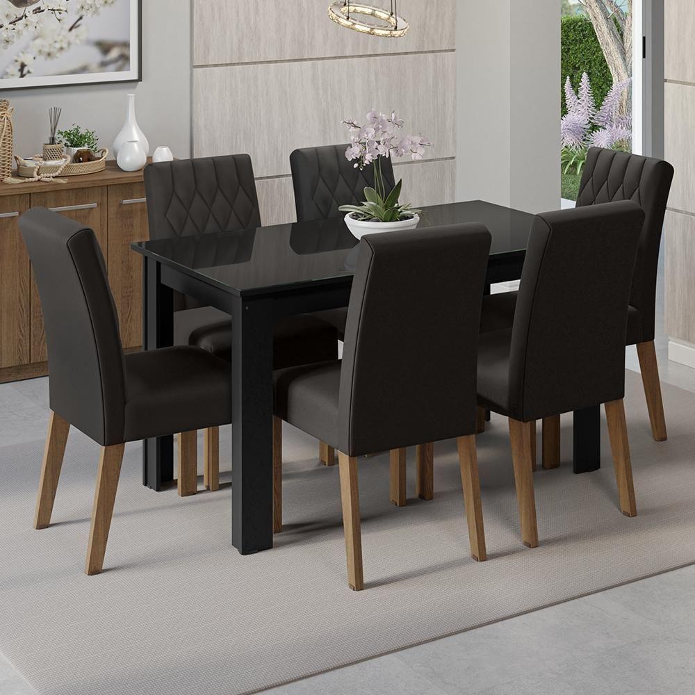 Conjunto Sala De Jantar Mesa Tampo De Vidro 6 Cadeiras Rustic/preto/oxford Odara Madesa Rustic/preto/oxford