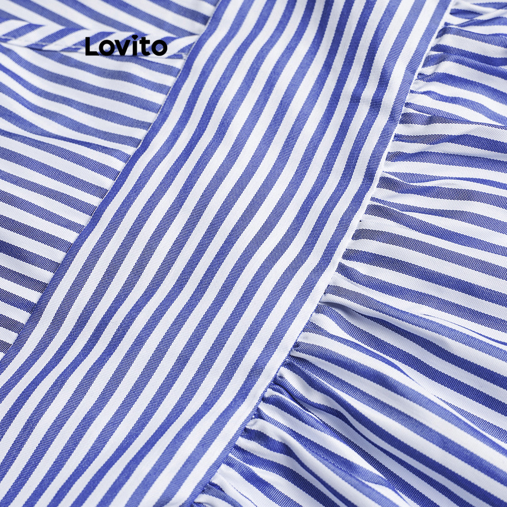 Detalhes do Lovito Vestido feminino casual listrado com renda e babados na barra LBL20164