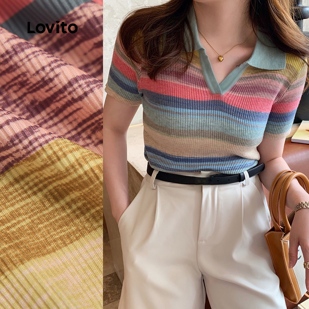 Lovito Camiseta Casual Padrão Arco-Íris Listra Colorblock Primavera/Verão Multicolorida Para Mulheres L135ED186 em Oferta na Shopee
