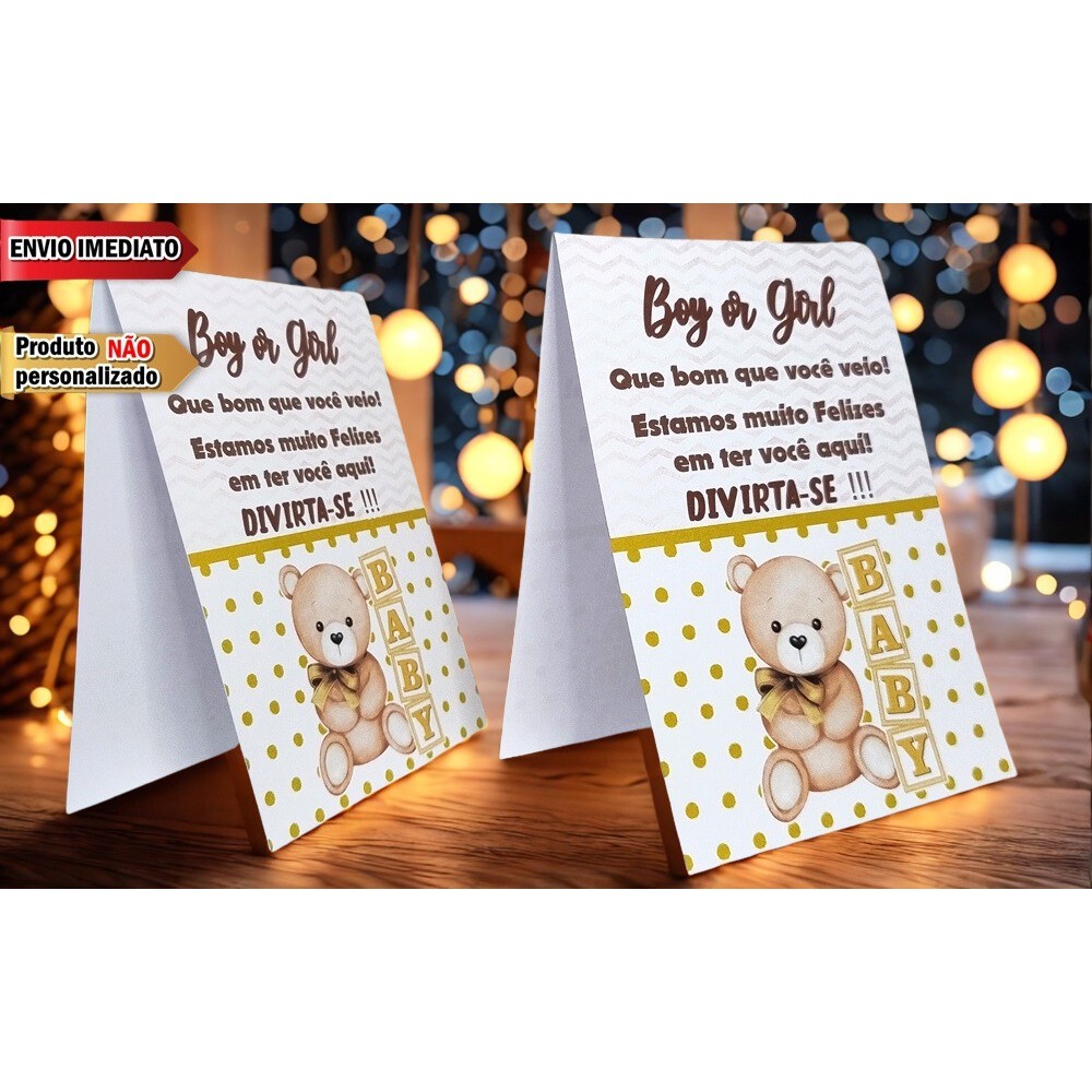 10 Plaquinhas URSINHO BEGE DOURADO LUXO CHÁ REVELAÇÃO CHÁ DE BEBÊ - CENTRO DE MESA - FESTA INFANTIL