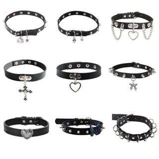 Black Leather Rivet Choker Necklaces De Couro Preto Gótico Para Jóias De Festa Com Colar De Crânio De Borboleta Feminina em Oferta na Shopee