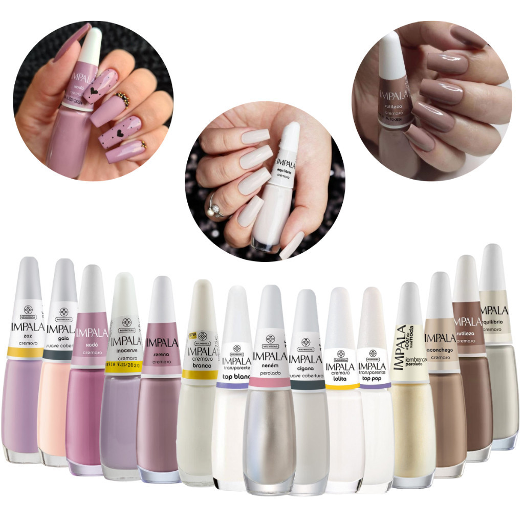 kit C/ 15 Esmaltes Impala Cores Nudes E Branquinhos Manicure Pedicure