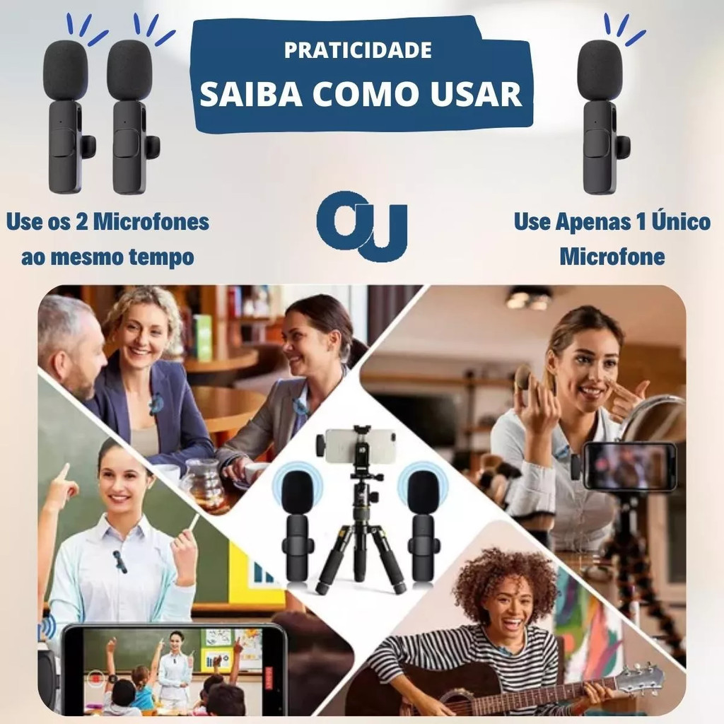 Microfone Lapela Duplo p/ Celular Sem Fio Wireless Universal Anti Ruído Lives Transmissão Gravação de Vídeos Vlogs