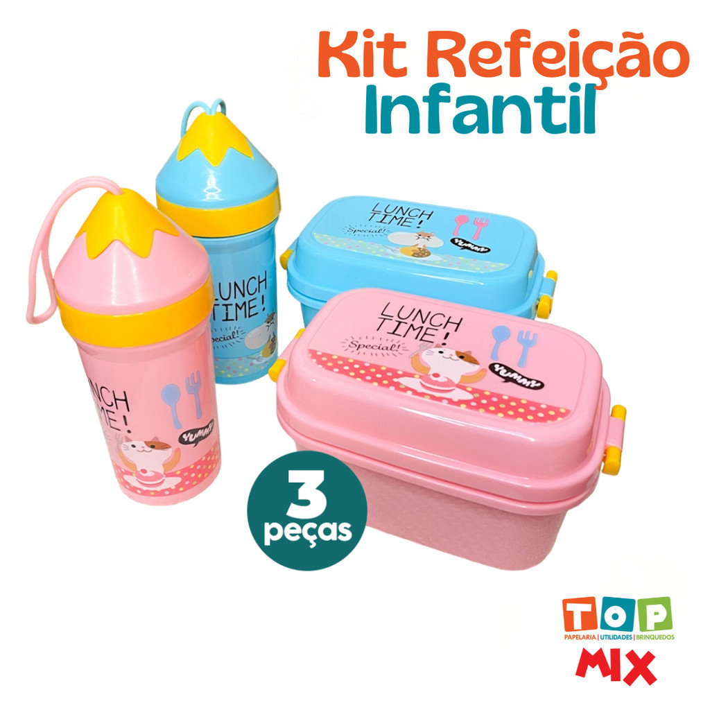 Kit Marmita Pote Infantil com Talher Copo Lancheira Escolar c/ Divisória